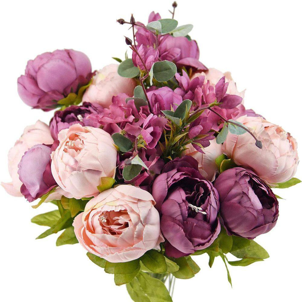 19.7 In. Multi-Colored Indoor Artificial Peony Flower 2-Bouquets, Mixed Purple a
