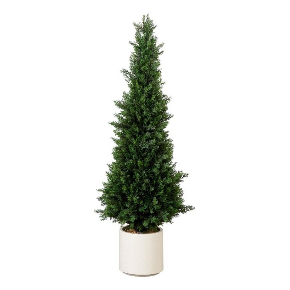 Nearly Natural 4ft UV Resistant Cedar Tree in White Planter in Green