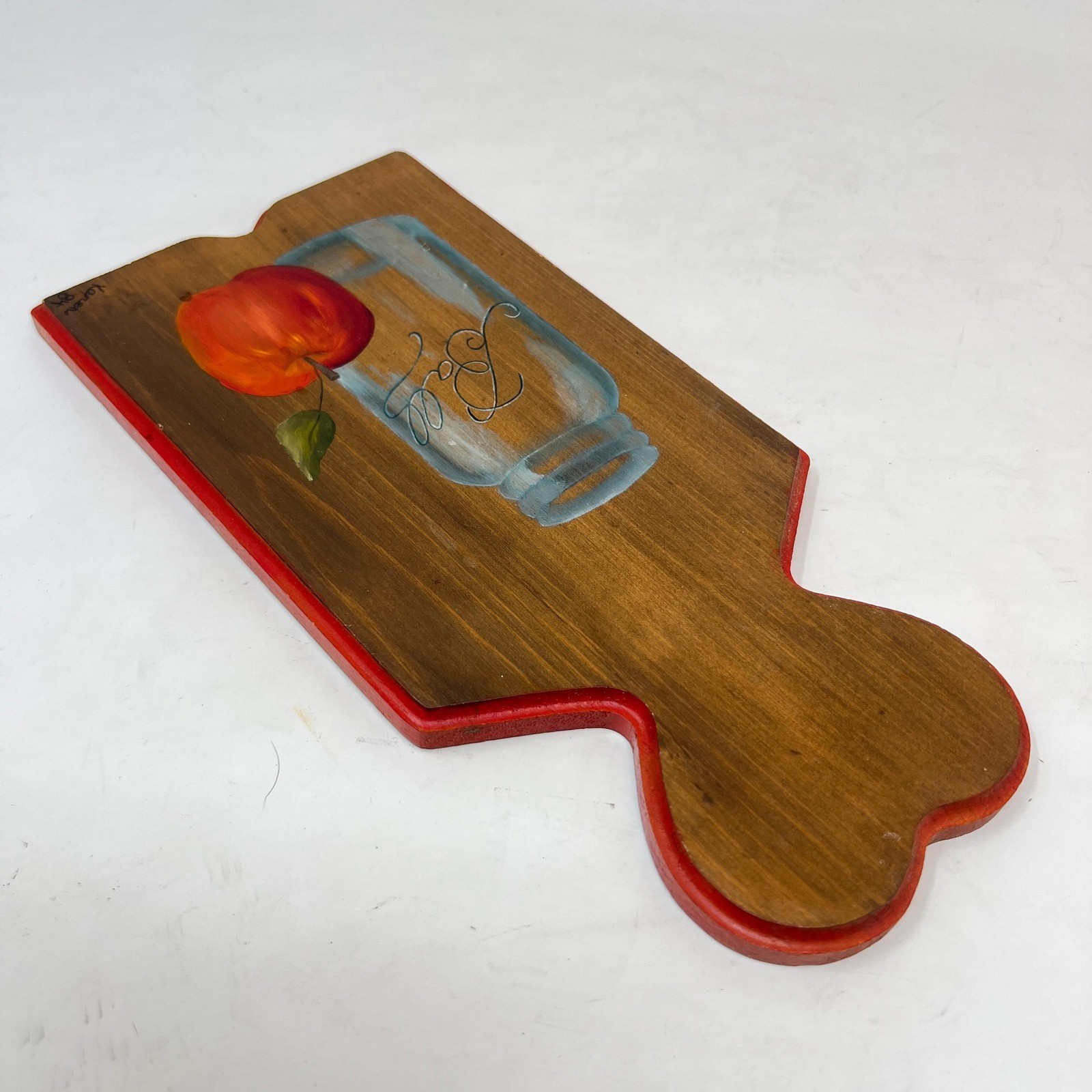 Vintage Painted Wooden Cutting Board Apple Ball Jar Wall Decor 11.5″ Signed