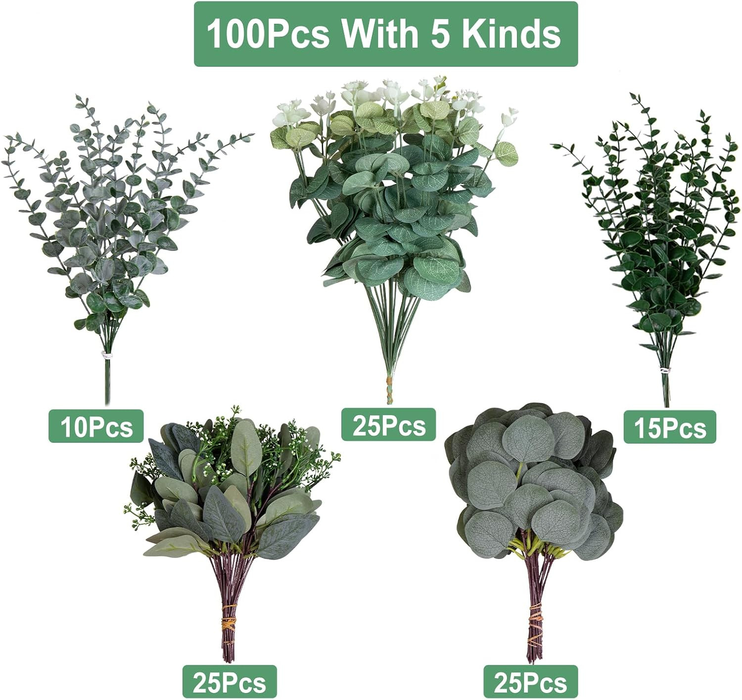 100 Pcs Mixed Artificial Eucalyptus Leaves Stems Bulk | Realistic 5 Kinds Mixed
