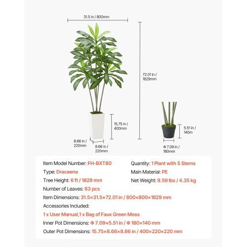 Artificial Dracaena Tree 6 ft, Fake Palm Tropical Plants with White Tall Planter