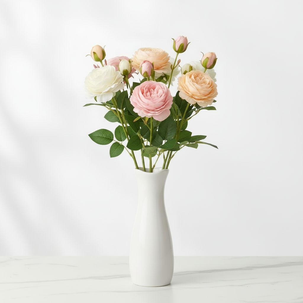 White Pink Peach Artificial Roses Gift Bouquet Wrapped Real Touch Rose Stems 26
