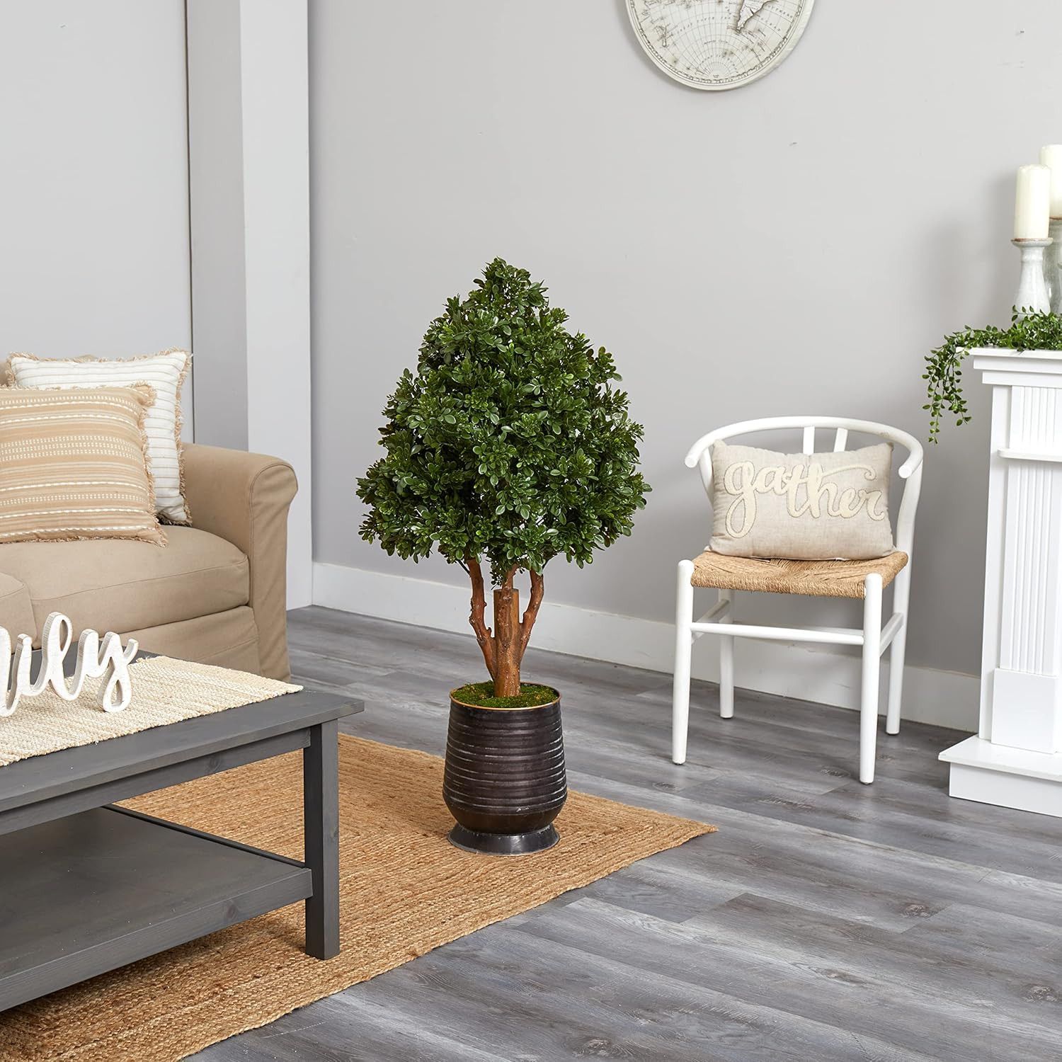49″ UV Resistant Tea Leaf Artificial Tree in Metal Planter for Indoor/Outdoor Us