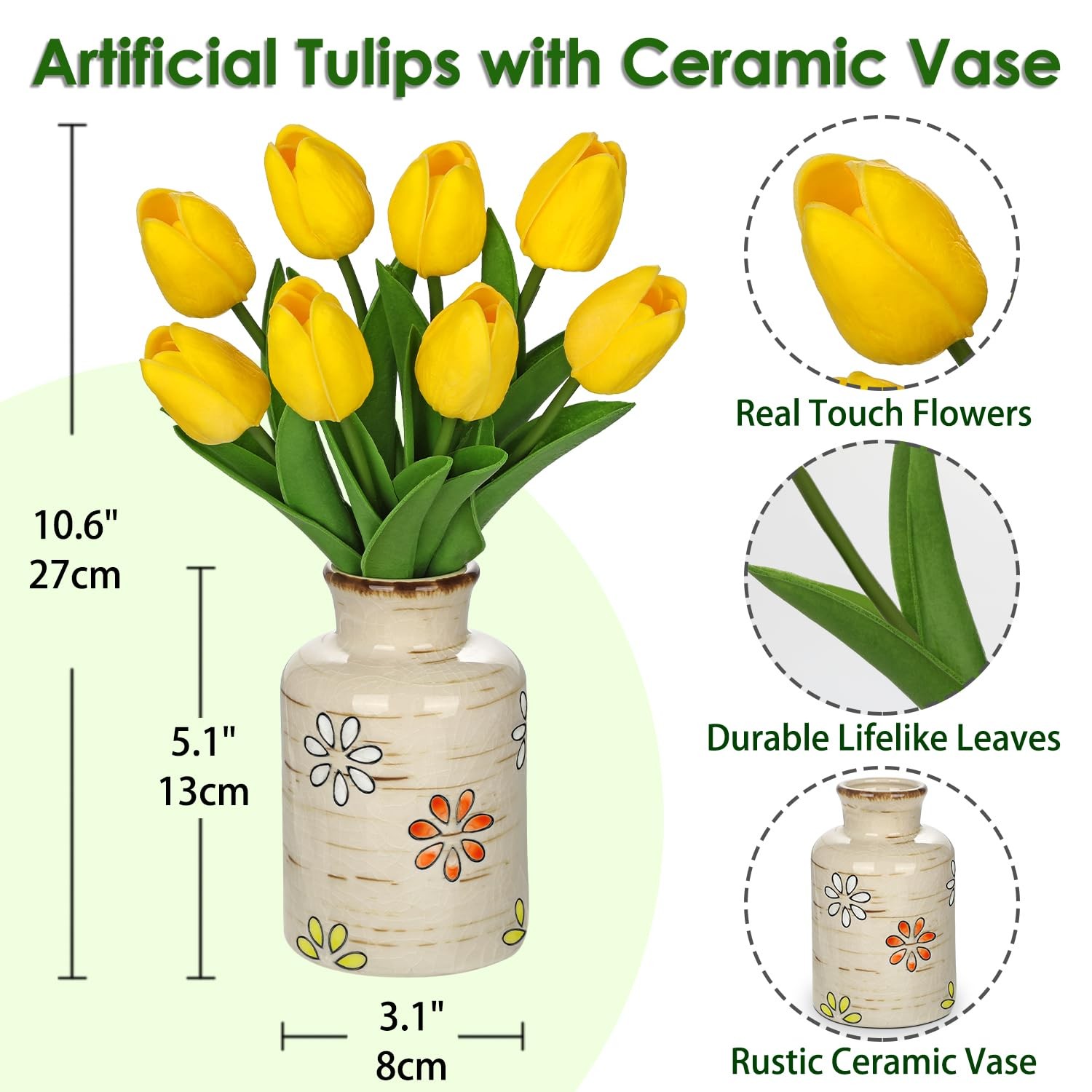 10.6 inch Artificial Tulips in Ceramic Vase, Real Touch Fall Faux Yellow Tuli…