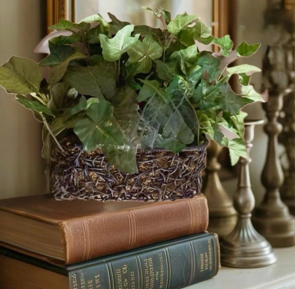 Artificial English Ivy Plant in Dark Woven Basket Faux Silk Green Home Decor 17”