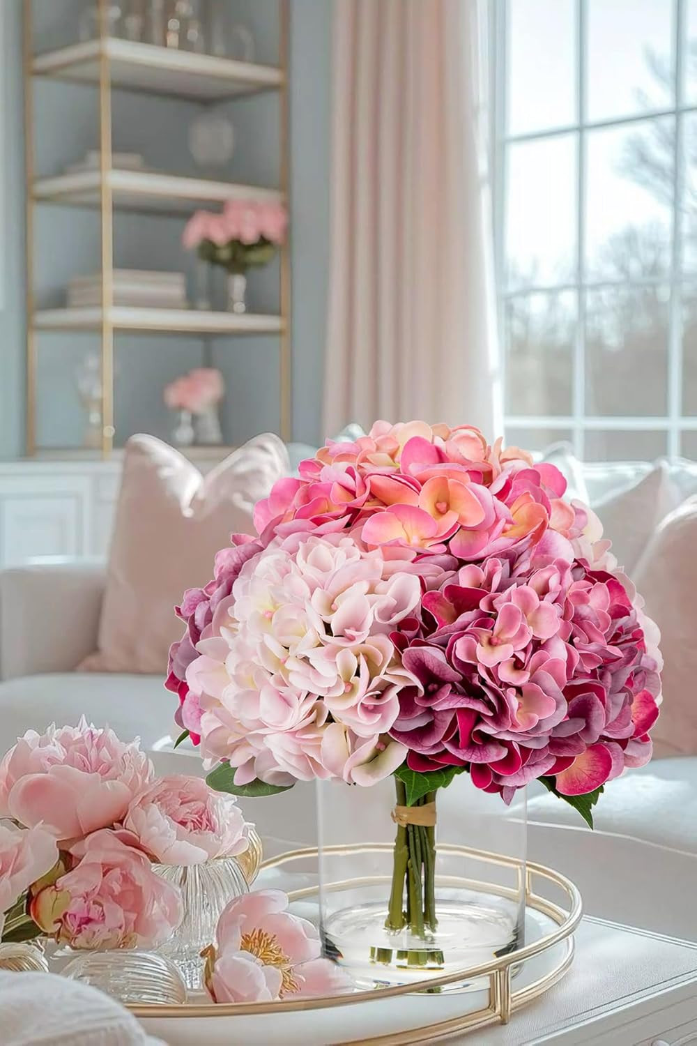 Real Touch Pink Hydrangea in Vase – Large Faux Flower Arrangement Decor