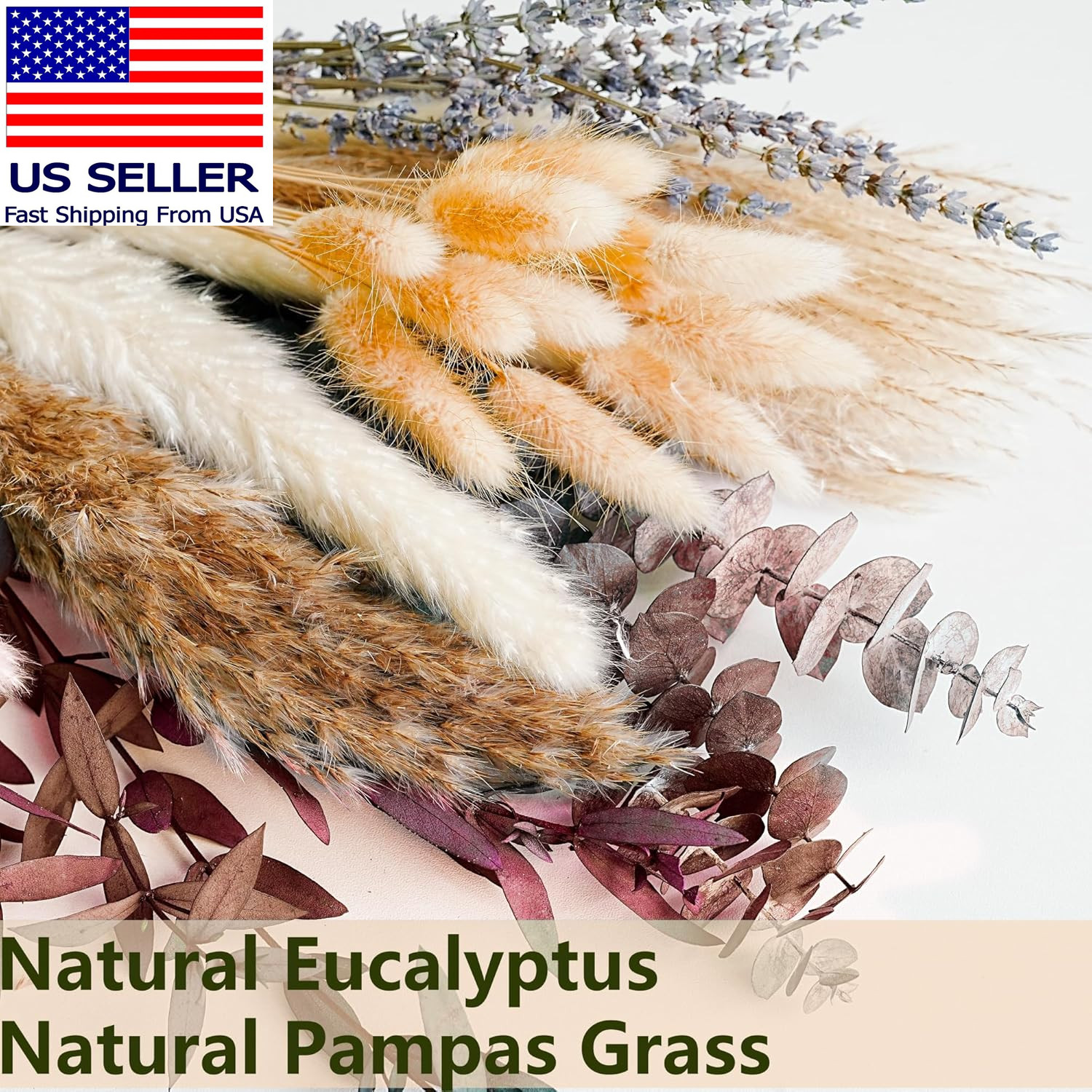 Fall Dried Flower Bouquet with Pampas Grass, Orange Bunny Tails, Lavender & Red