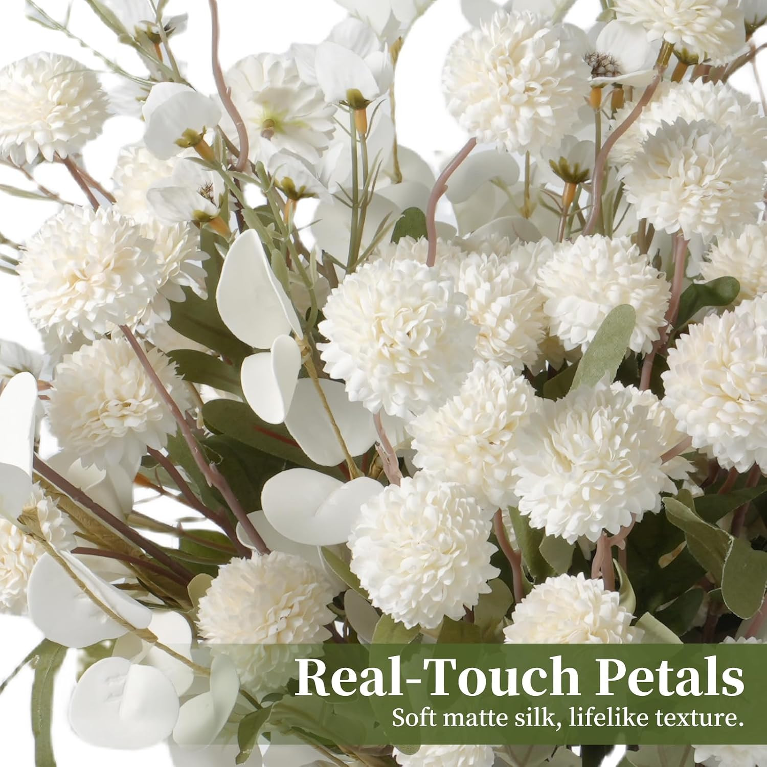 Artificial Flowers, 22 Stems Silk Chrysanthemum Bouquet with 12 Mums, 5 Eucalypt