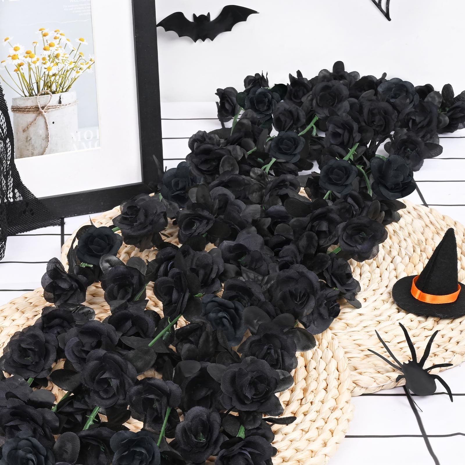 BLEUM CADE 2Pcs 16.4Ft Flower Garland Artificial Rose Vines for 2 Pcs, Black