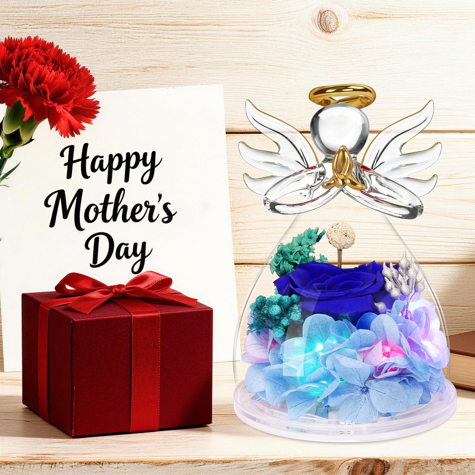Light Up Preserved Rose In Glass Angel Figurine Mothers Day Gift Blue