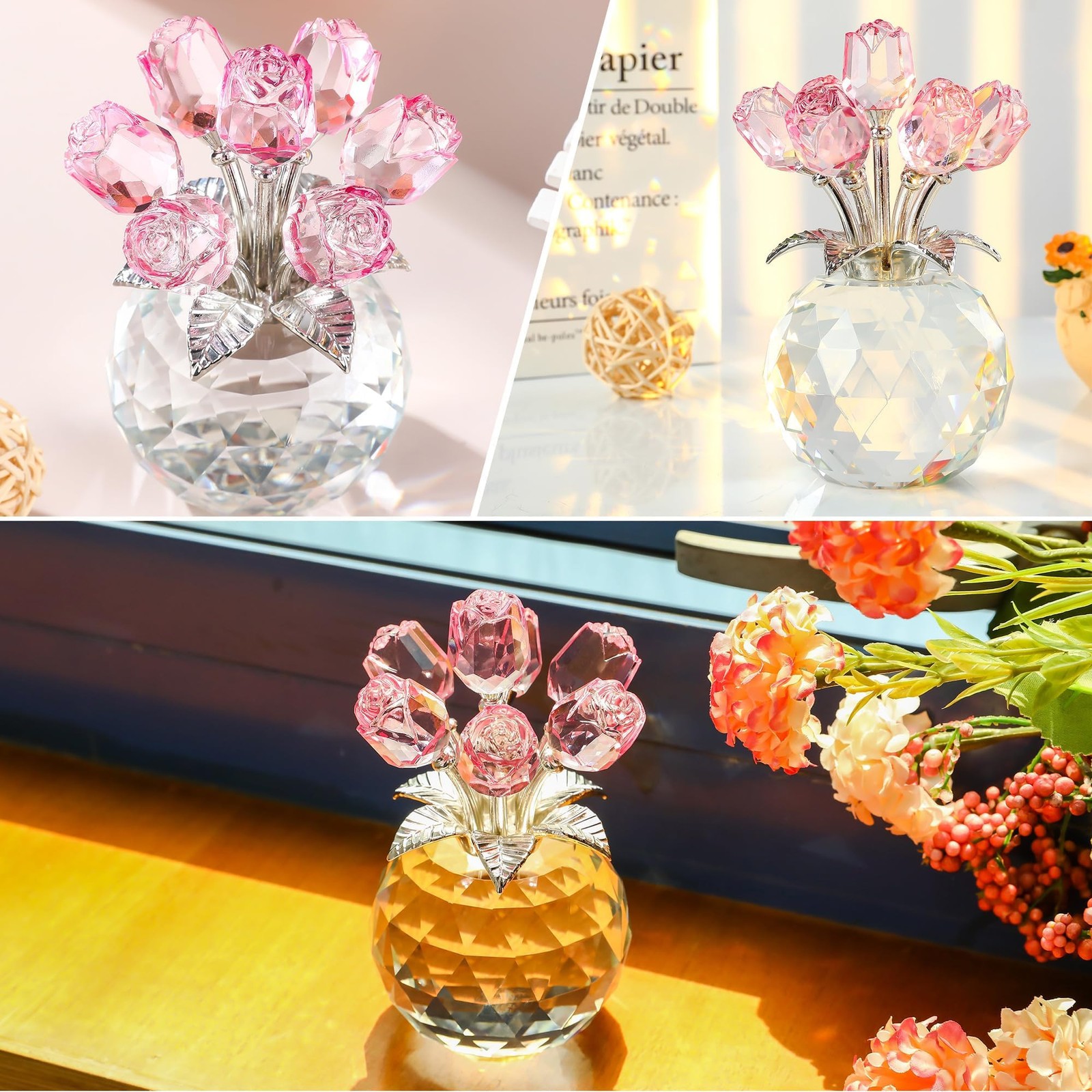 Crystal Rose Bouquet Flower Figurine – Pink Rose Gifts for Women, Collectible…