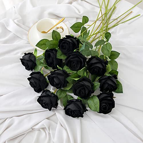 Fake Roses Artificial Silk Flowers – 12 Pcs Black Roses Artificial Faux