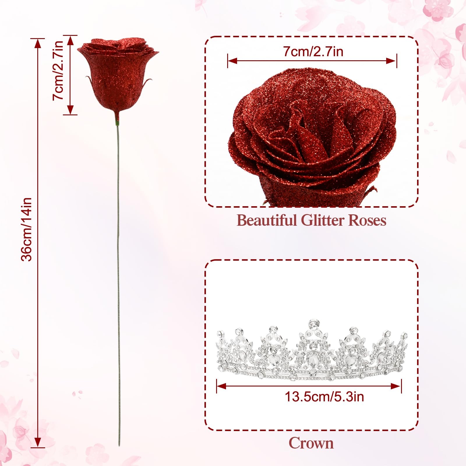 24 PCS Red Glitter Roses Bouquet Fake Flowers With Birthday StandUp Signs DIY