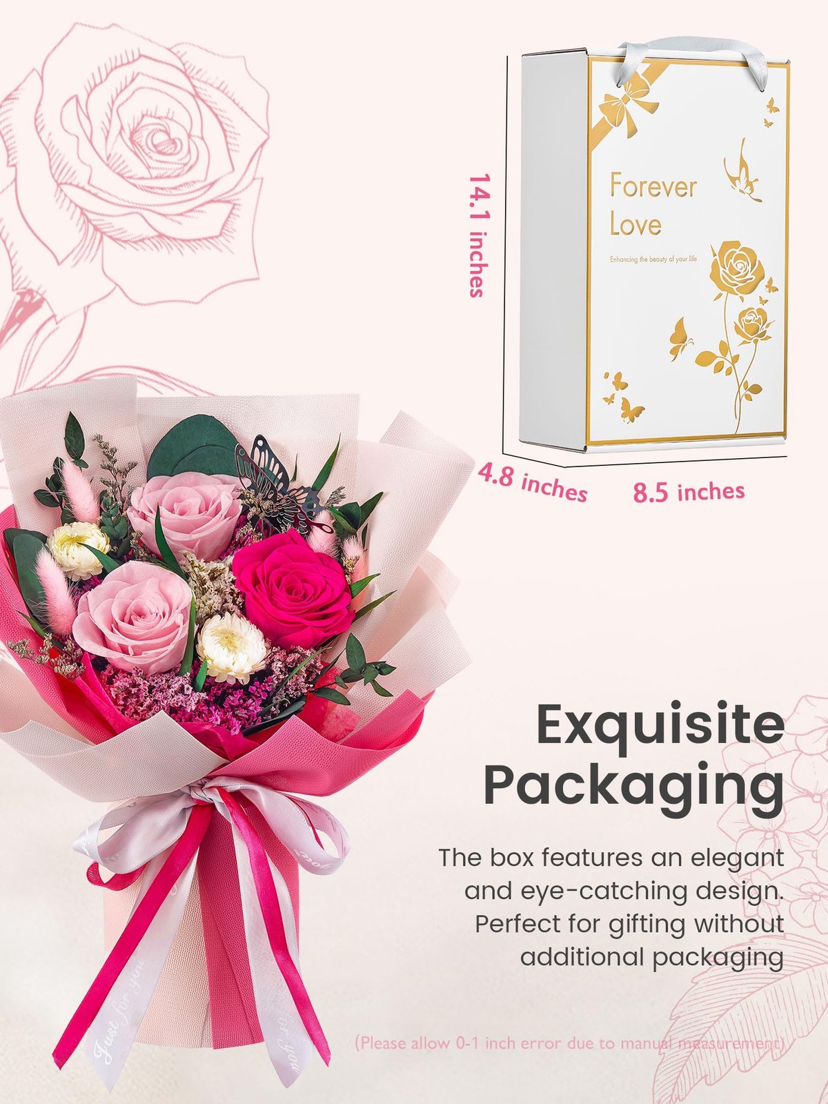 Hot Pink Small Forever Flowers Bouquet Preserved Roses Anniversary Delivery