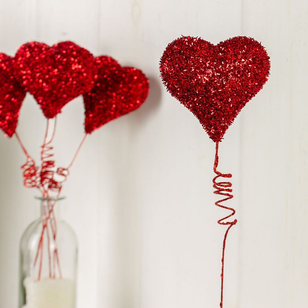 Package of 6 Red Tinsel Foam Valentine’s Day Heart 14″ Tall Picks
