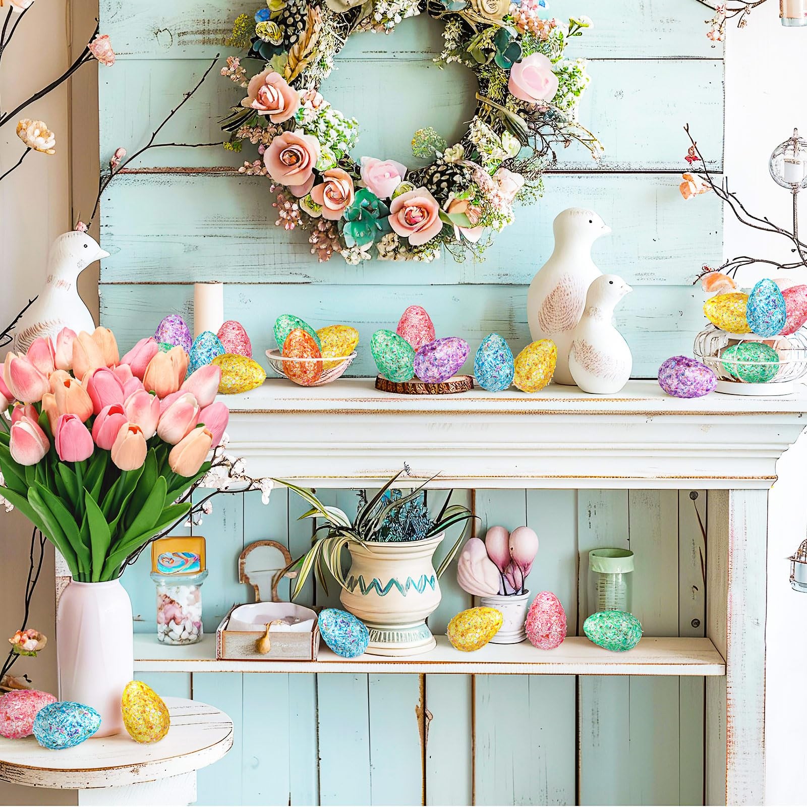 72 Pcs Easter Decor, 36 Pink Speckled Eggs, 36 Multicolor Fake Tulips, Spring