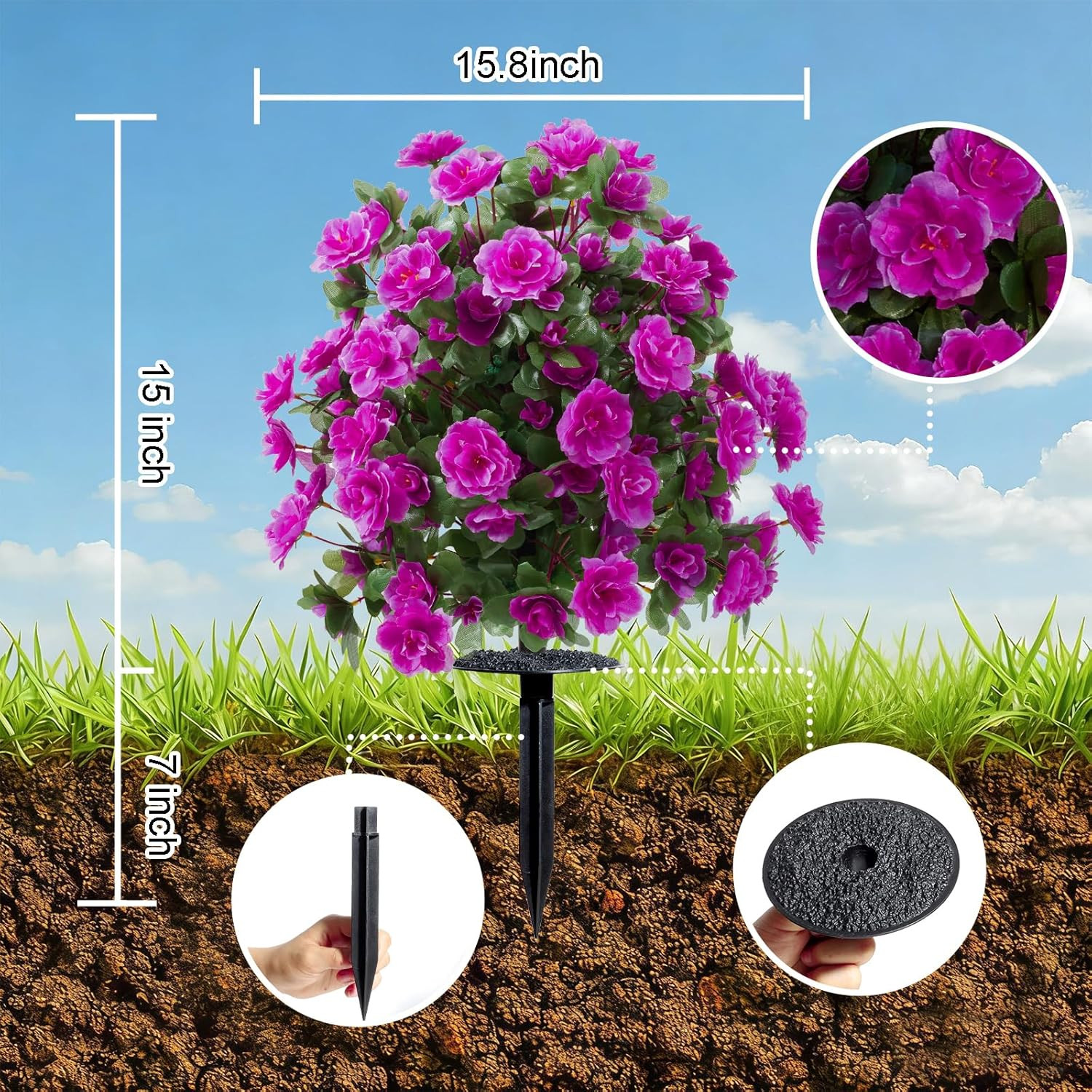 Faux Silk Azalea Ball Bush with Ground Spike 15 Inch Outdoor Decor