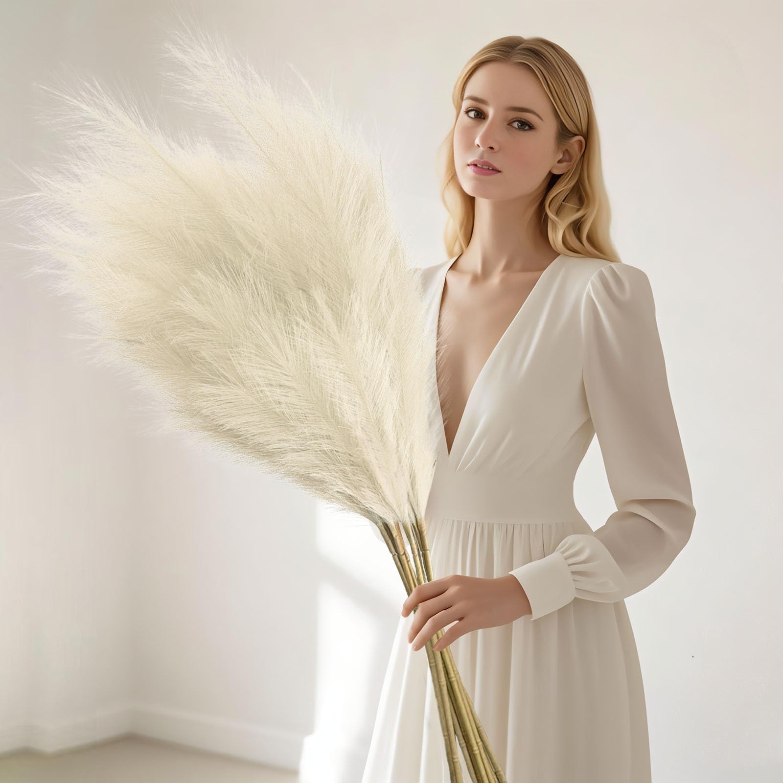 8 PCS Ivory Tall Faux Pampas Grass Decor 45 Inches Artificial Bulk Filler