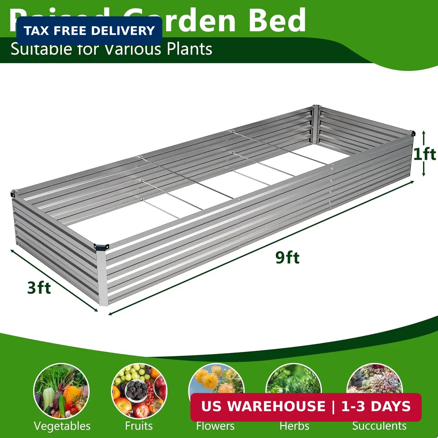 2PCS 9x3x1ft Galvanized Raised Garden Bed Kit,Metal Planter Box for Vegetables,F
