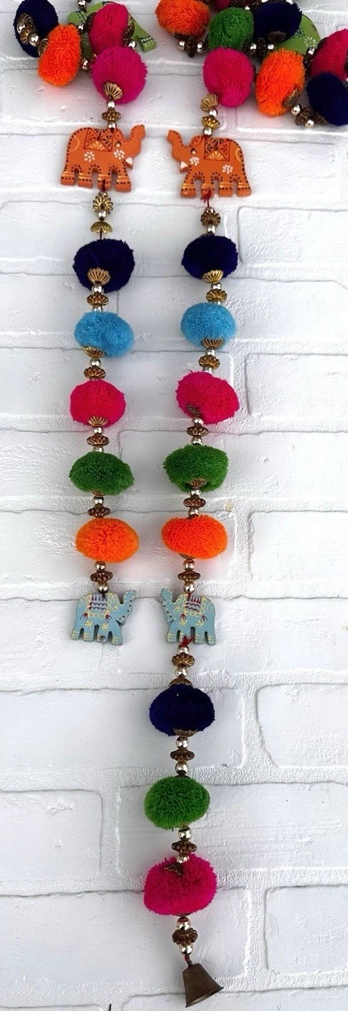 Elephant Garlands Pom Poms Wood Set of 3 Boho Indian Festival Diwali