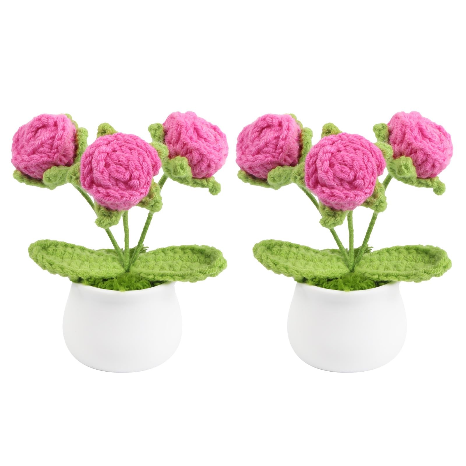 2PCS Crochet Flowers Hot Pink Roses Crochet Roses Mini Potted, Handmade Mini …