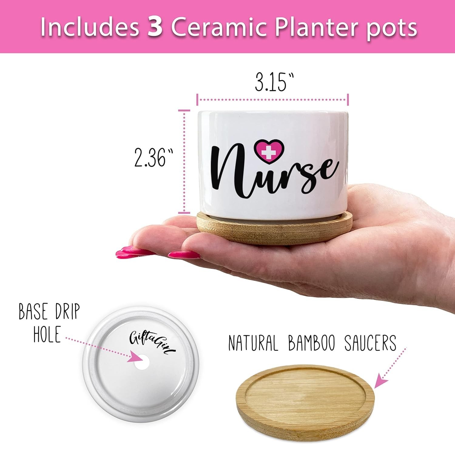 Best Nurse Ever Succulent Planter Set 3 Ceramic Pots Bamboo Trays NEW Gift