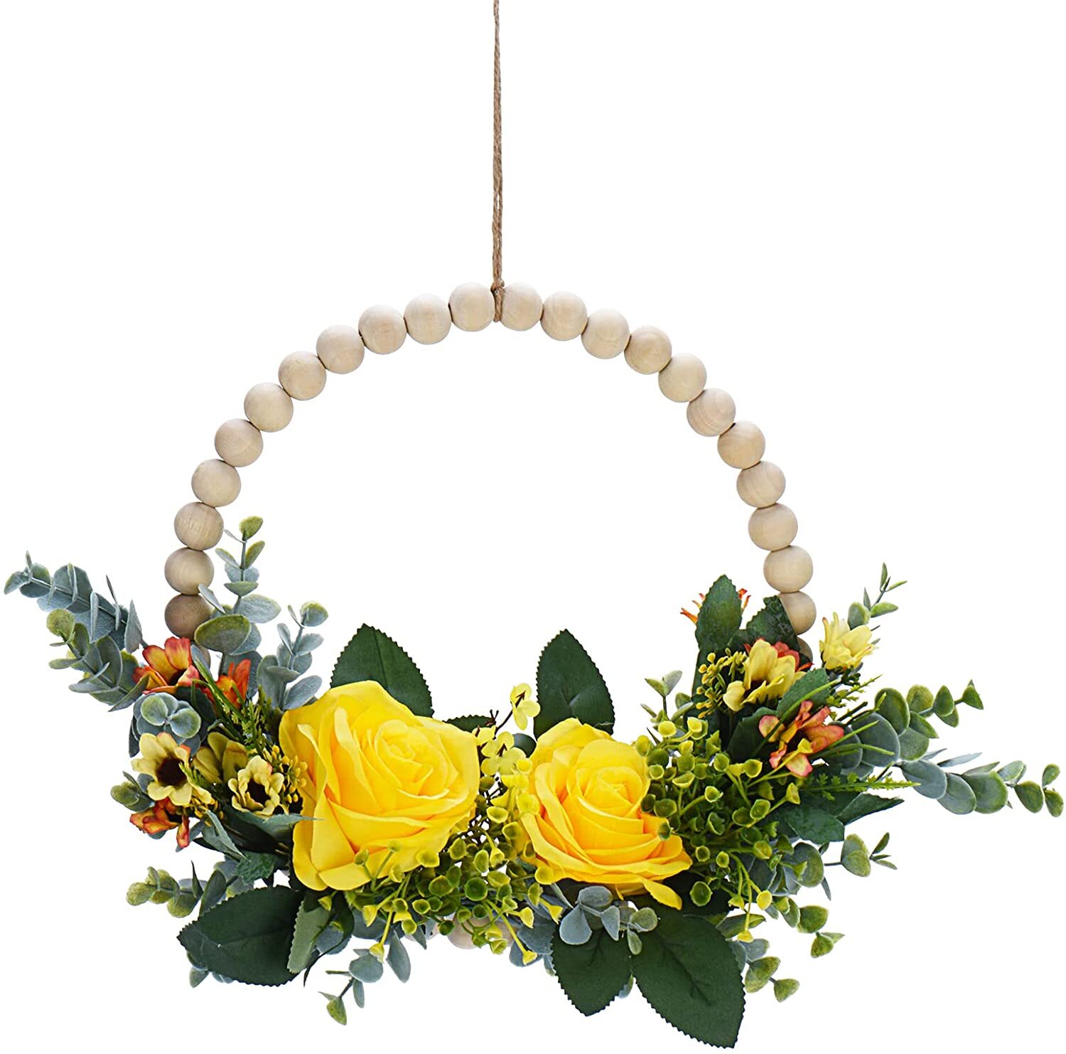 Wood Bead Garland Floral Hoop Wreath Artificial Flower Vine Wall Hanging Decor