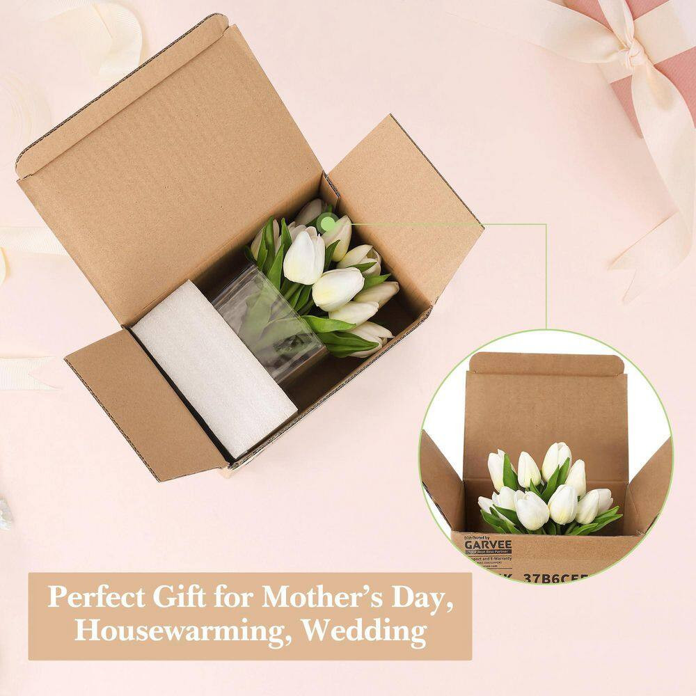 7.4 In. Real Touch White Artificial Tulip Arrangement in Clear Glass Vase, Indoo