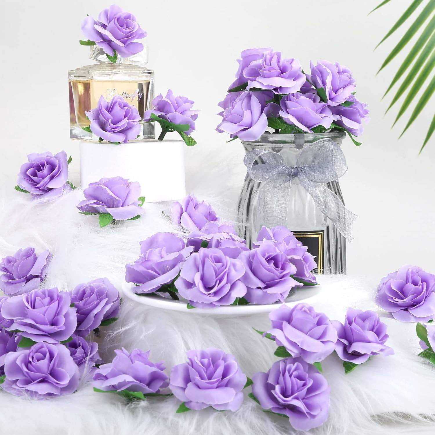 Kesote 50Pcs Purple Roses Artificial Flowers Bulk, 1.6″ Small Silk Fake Roses