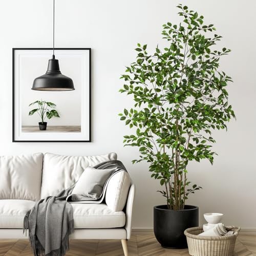 Artificial Ficus Tree 7ft Tall Potted Faux Plant Realistic Silk Leaves Indoor