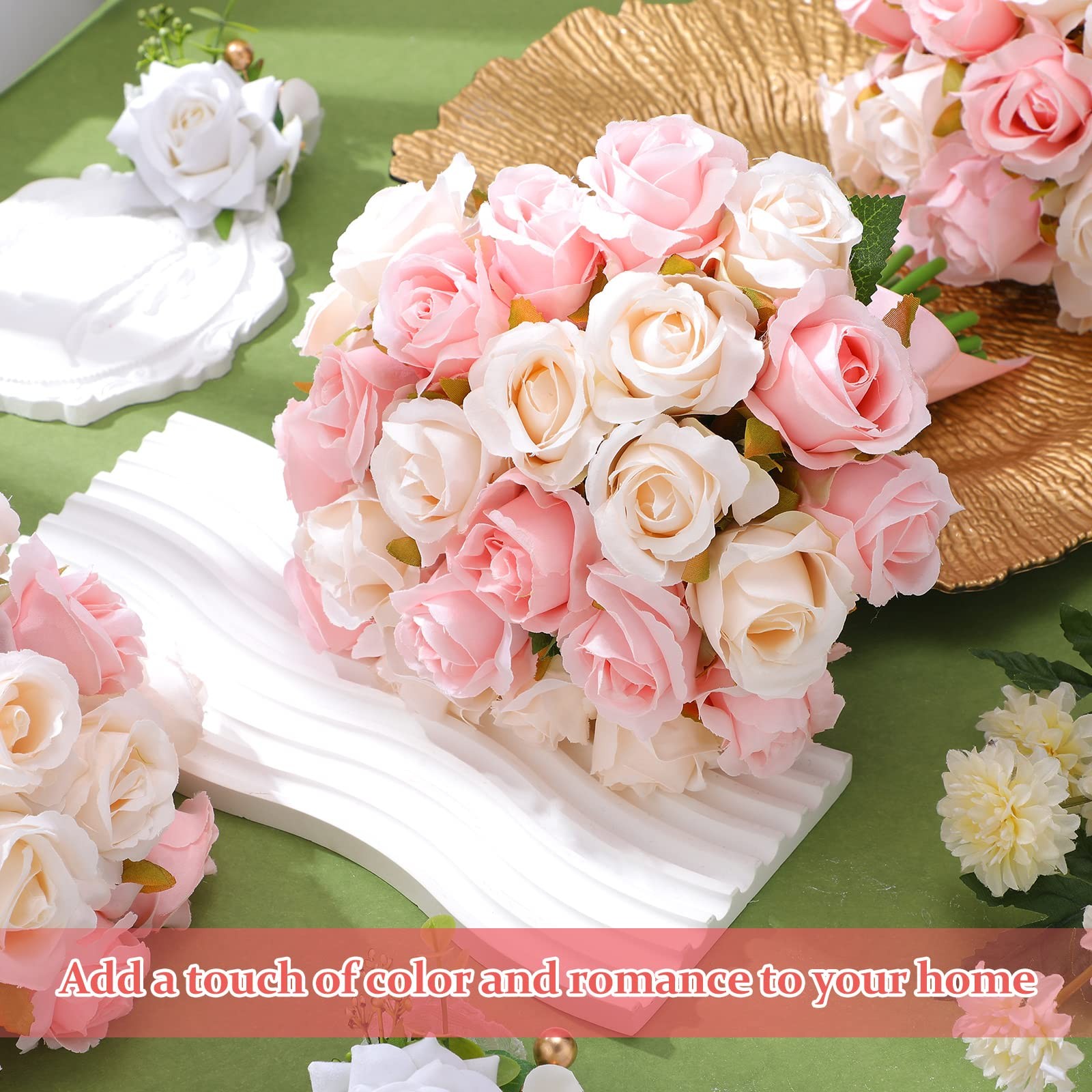 Artificial Rose Flowers Bouquet 240 Pcs 9.84″ Height Silk Pink White – Wedding