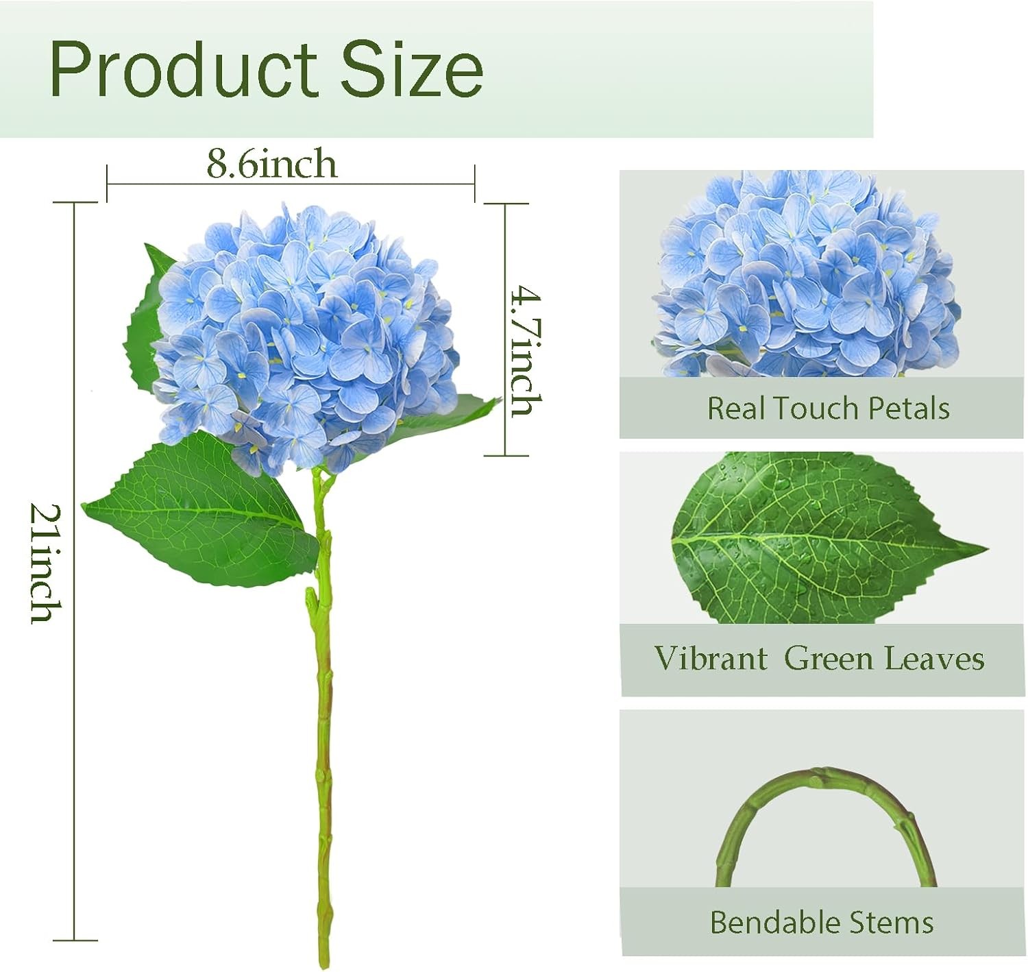 3Pcs 21Real Touch Blue Hydrangea Artificial Flowers with Stems,Fake Silk Flowers