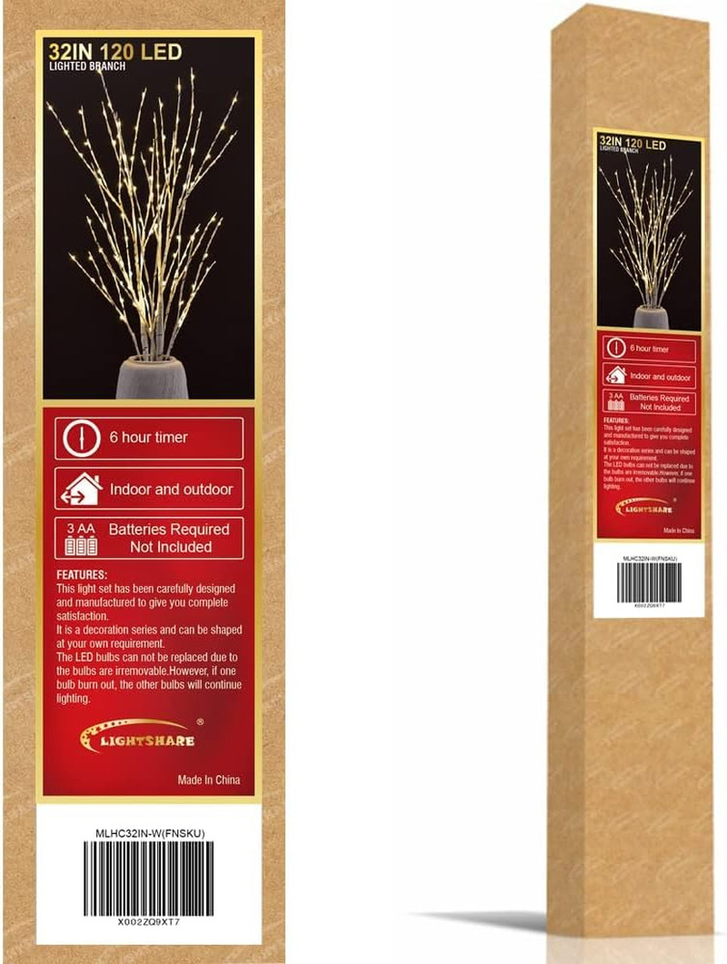 Lighted 32IN Artificial Twig Birch Tree Branch with 120 Fairy LED Lights Battery