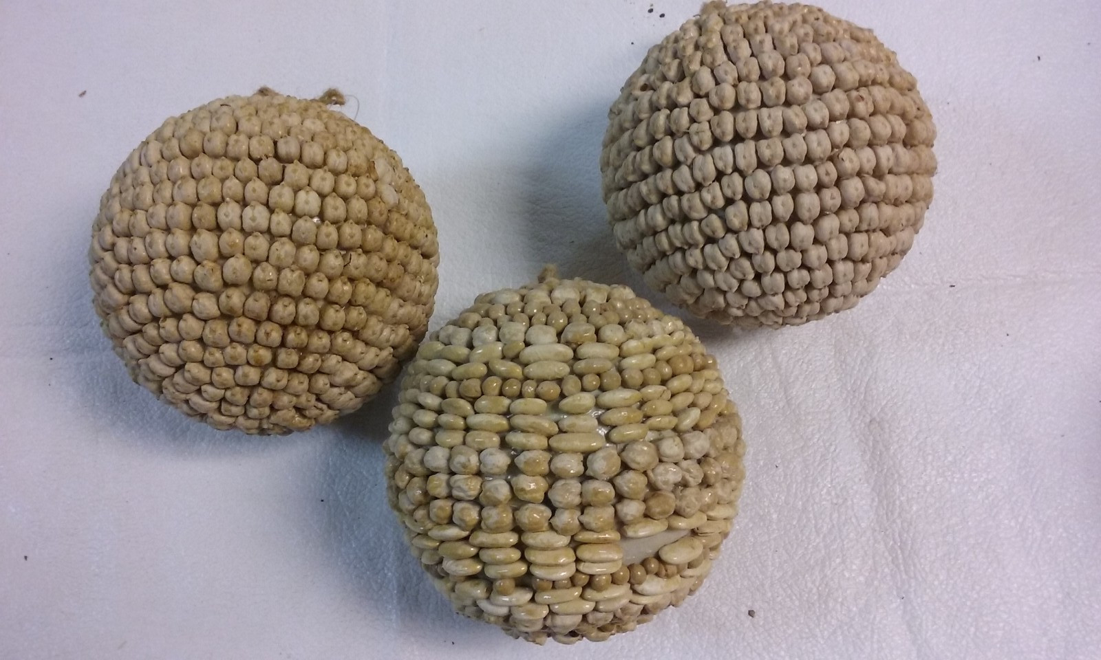 3 White Bean Seed Mosaic Decorative Ball Ornaments 5″ to 6″ wide