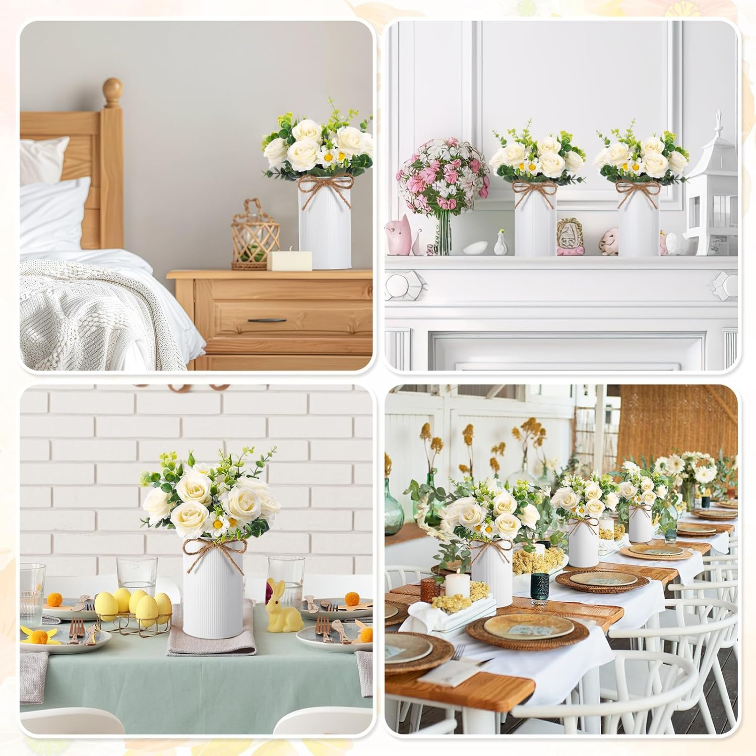 Elegant White Silk Rose Centerpieces with Metal Vases for Weddings & Parties