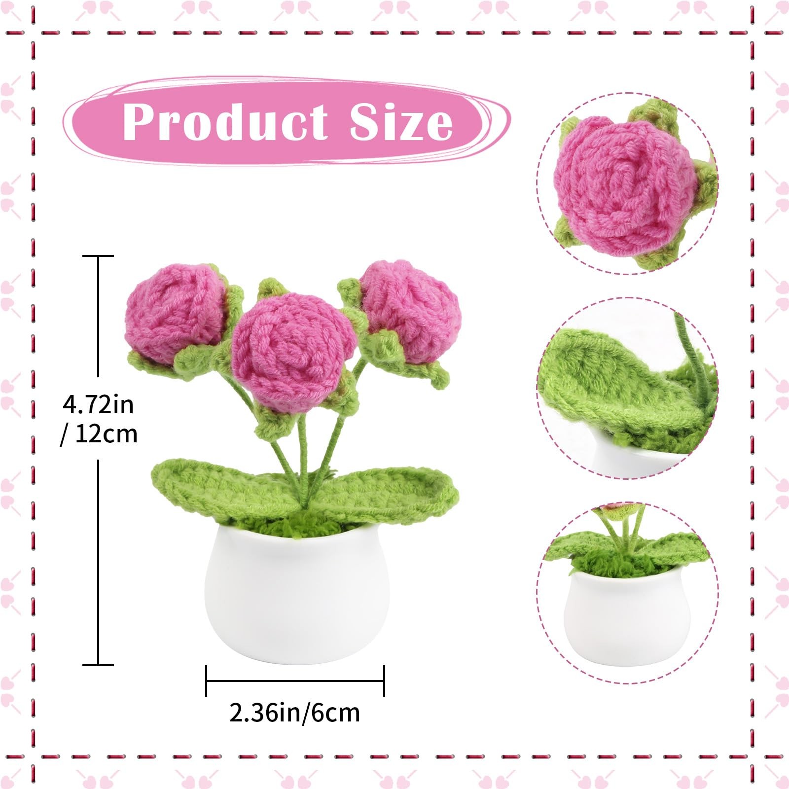 2PCS Crochet Flowers Hot Pink Roses Crochet Roses Mini Potted, Handmade Mini …