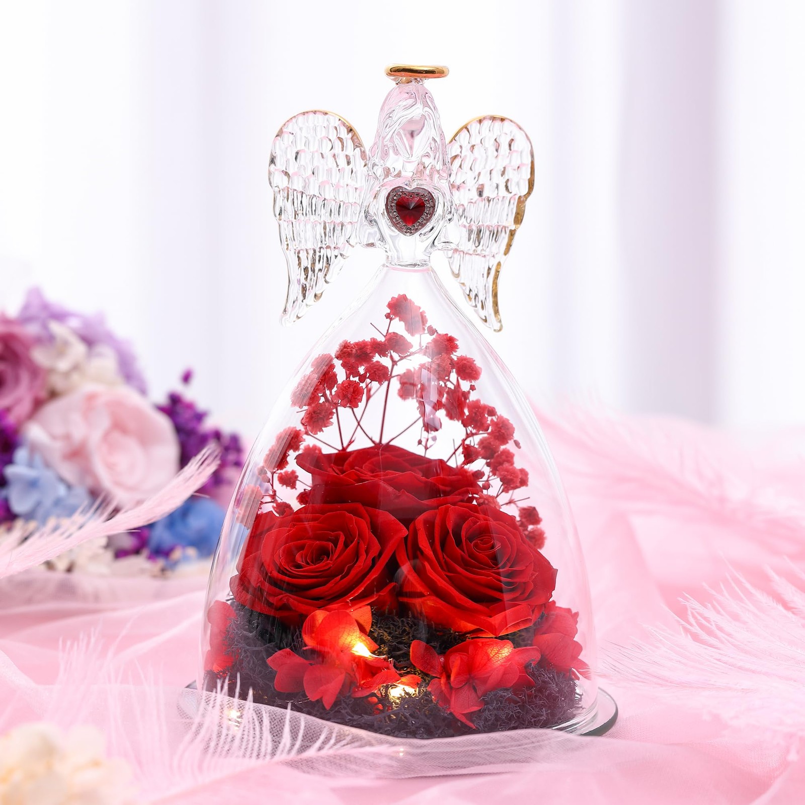 Preserved Real Rose Red Large Angel Figurines Flower Gift for Her Decor Art