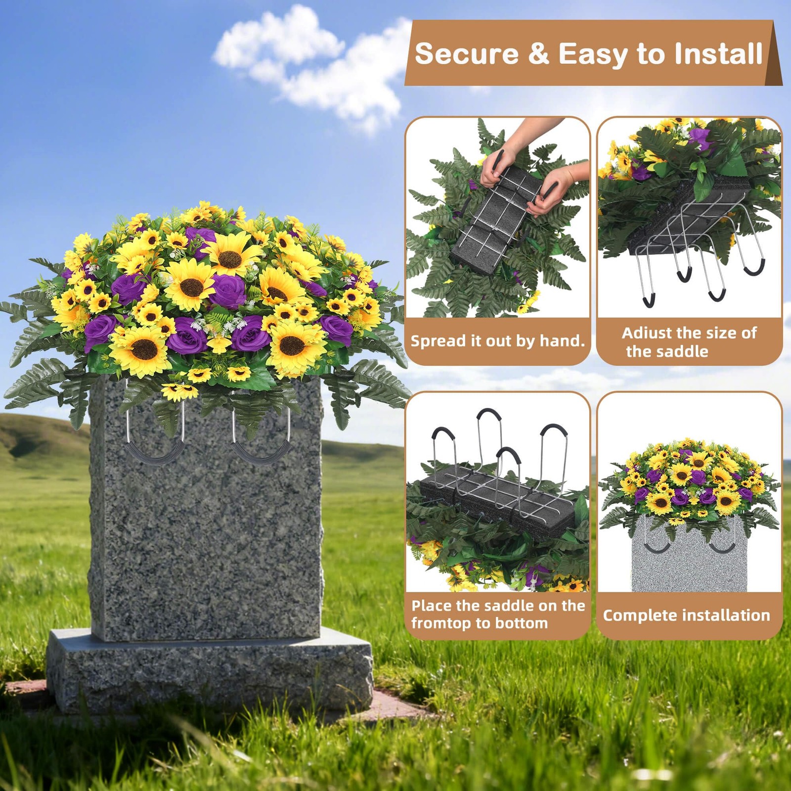 Lodou Artificial Cemetery Flowers for Grave,Headstone Flower Saddle Silk Sunf…