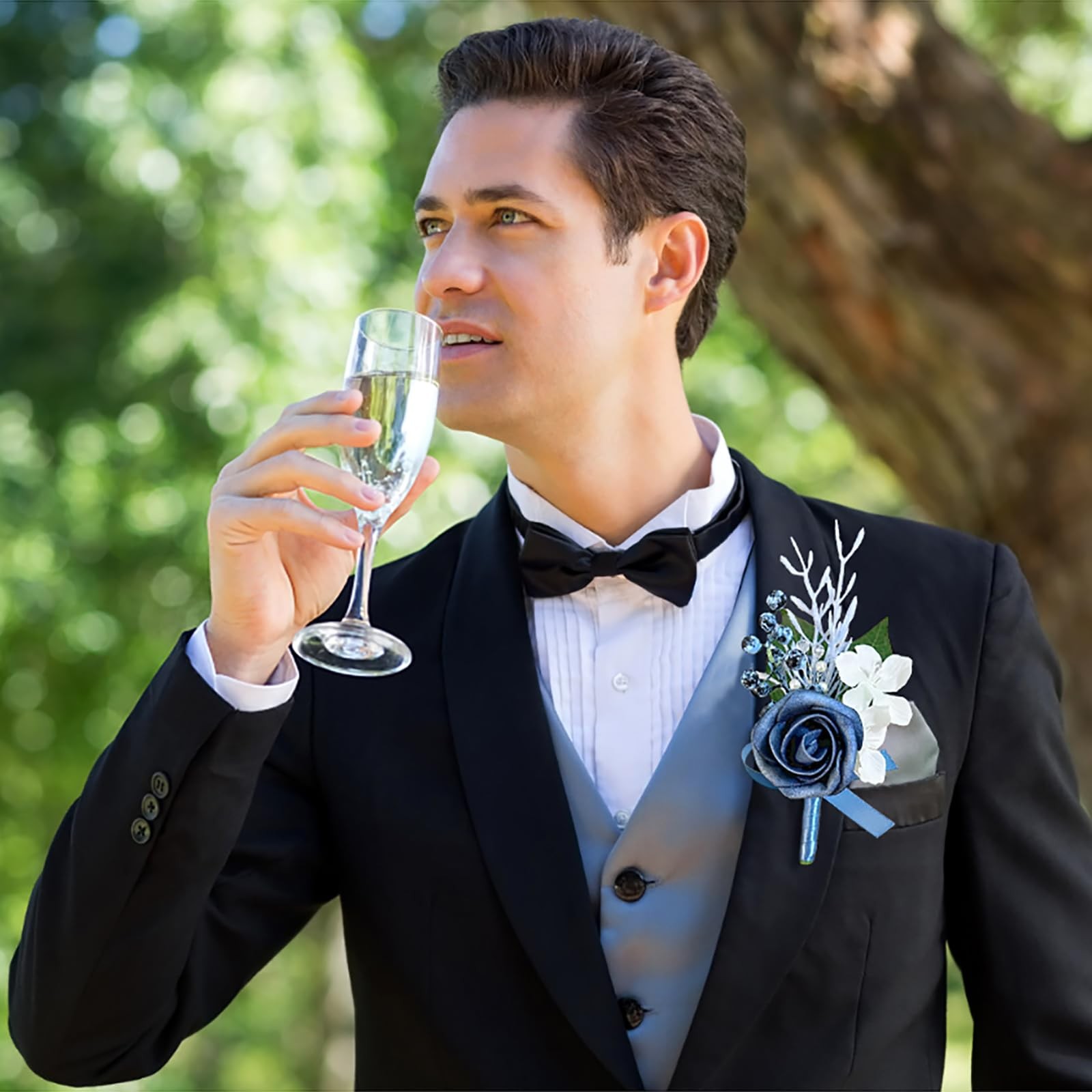 2 PCS Dusty Blue Wedding Boutonniere For Men Groom Groomsmen Rose Flowers