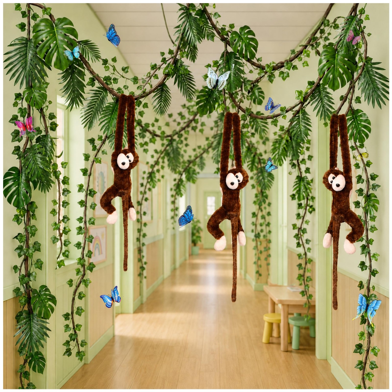 105PCS Rainforest Decorations Kit with Hanging Monkeys