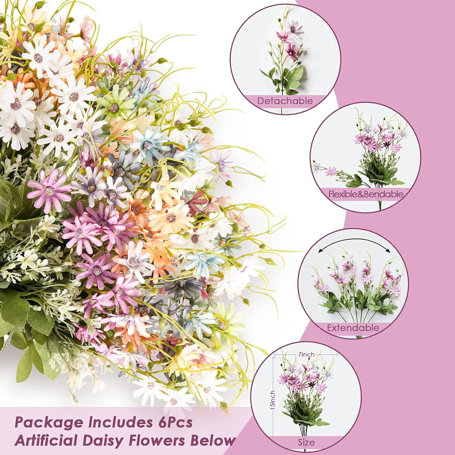 6 Bundles Wildflowers Artificial Flowers Outdoor Fake Daisy UV Resistant Silk Wi