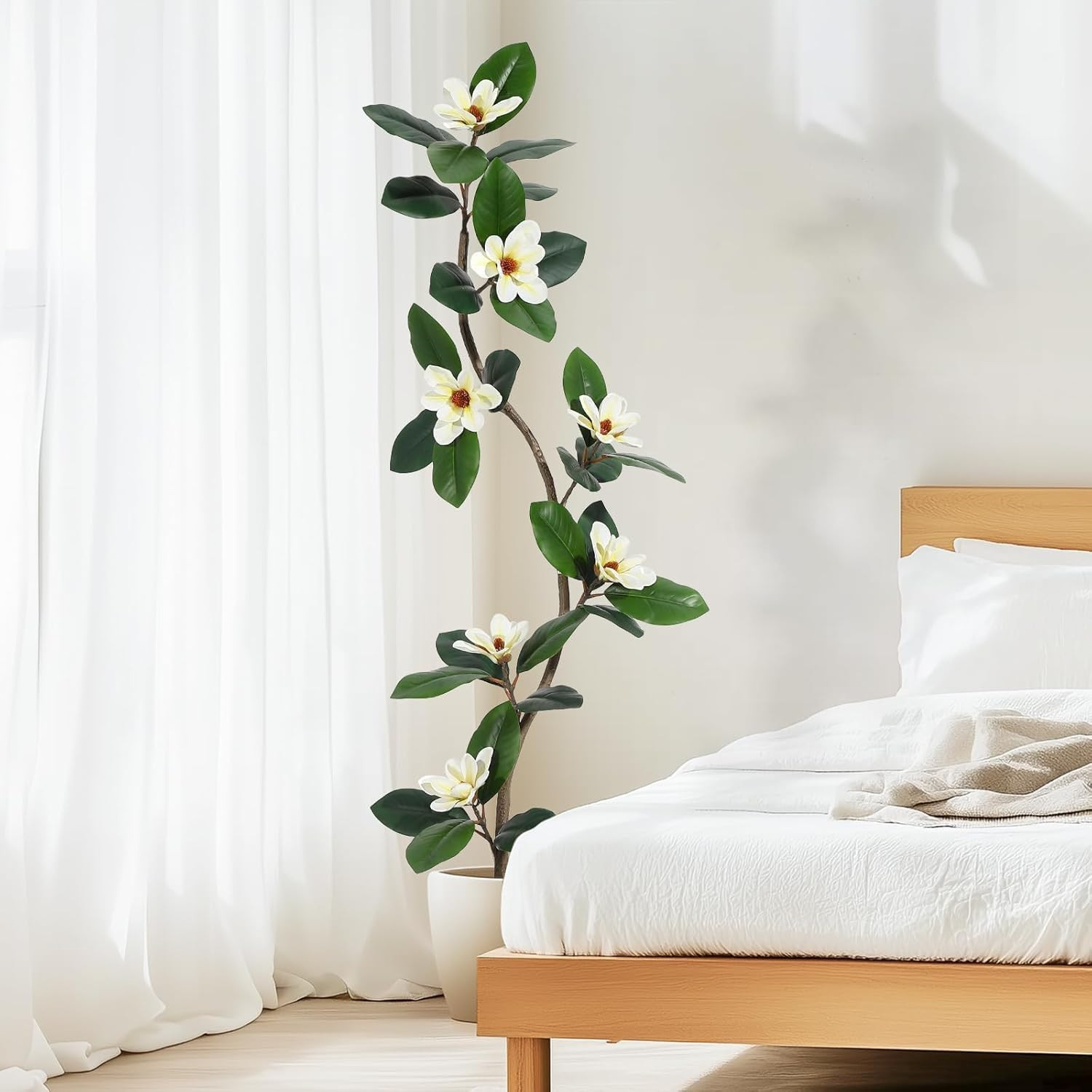 Artificial Magnolia Tree, Tall Faux Plant Indoor with White Flowers in White Pla