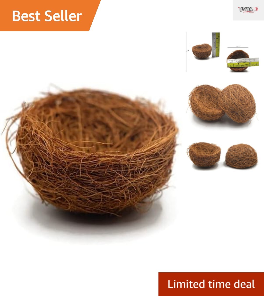Set of 3 Natural Coconut Fiber Bird Nests – Rustic Decorative Accents for Home