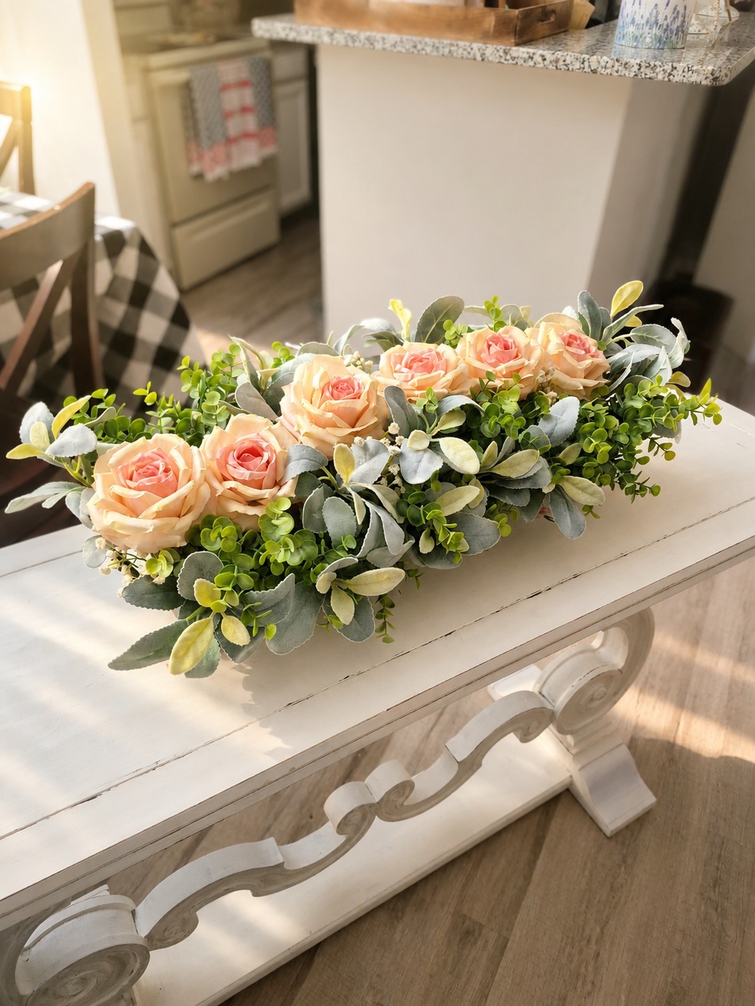 Artificial Peach Rose Centerpiece Arrangement w/ Eucalyptus & Boxwood, 28 in