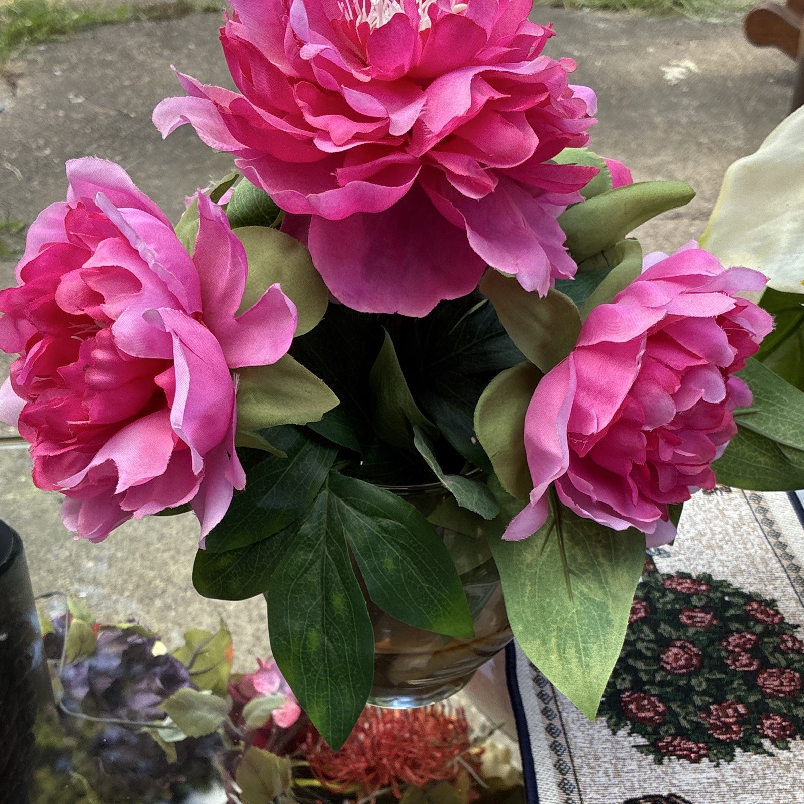 Artificial Pink Peony Arrangement in Glass Vase w/ Green Leaves