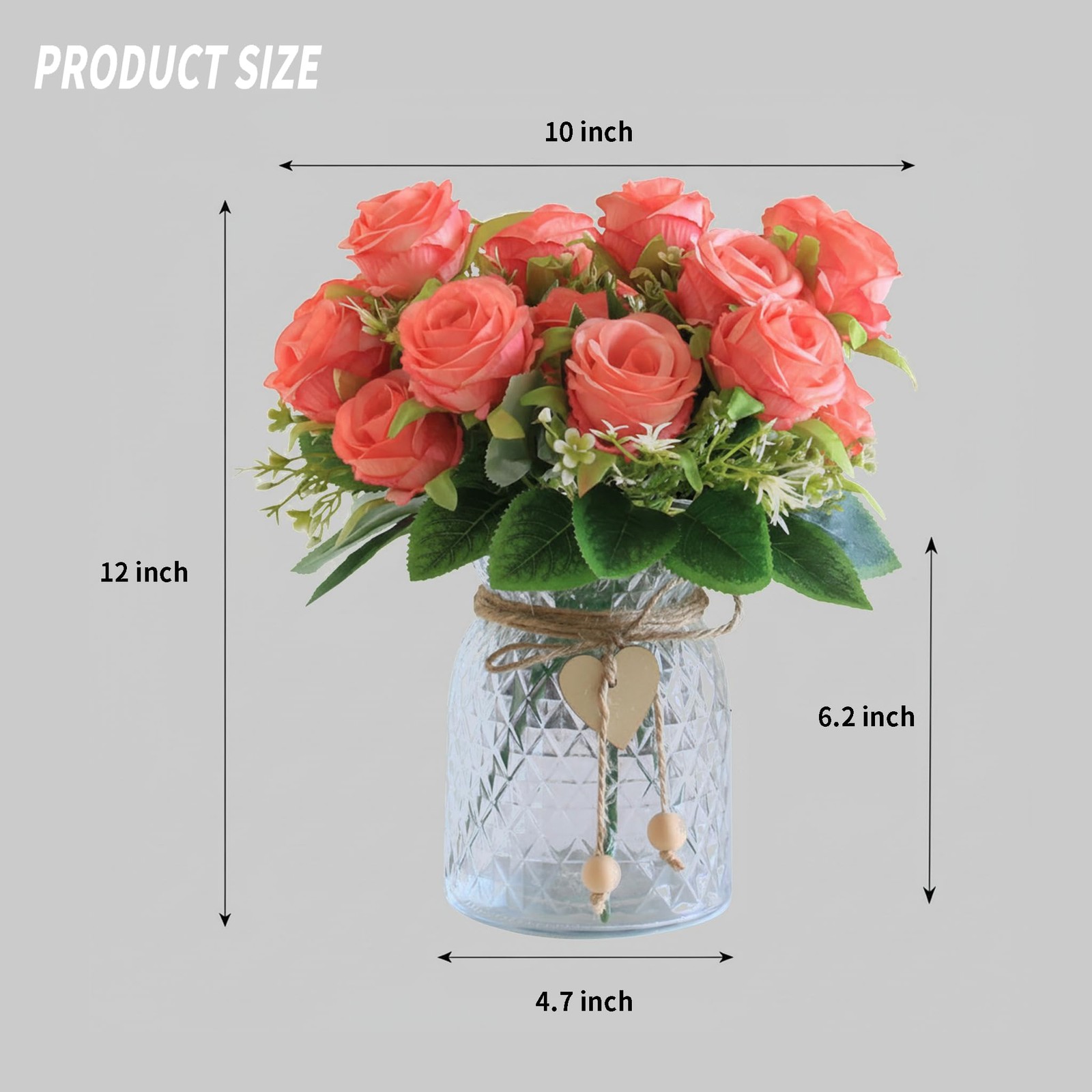 18 PCS Faux Rose Flowers in Vase Pink Artificial Floral Home Centerpiece