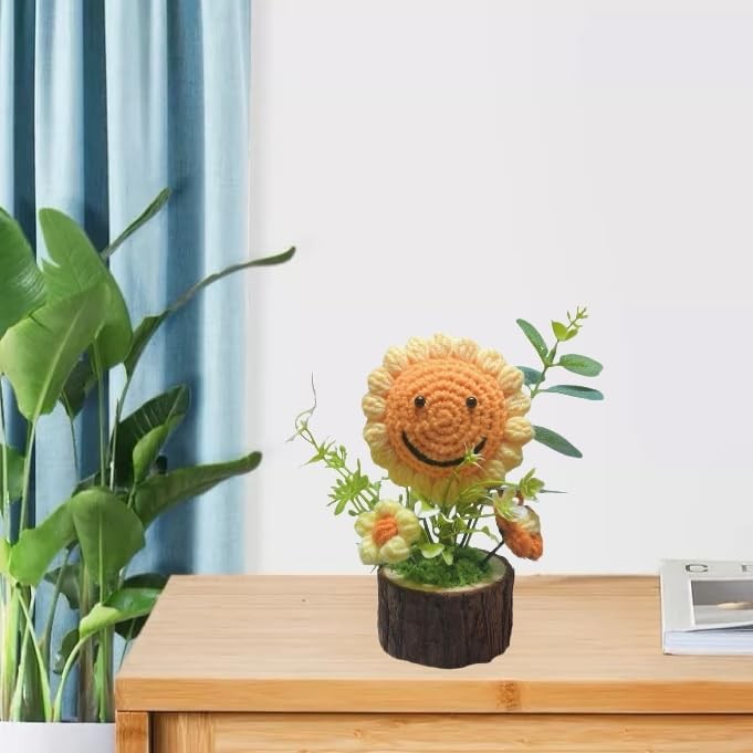 Handmade Crochet Sunflowers Flowers Bouquet Creative Knitted Potted Plant Cute