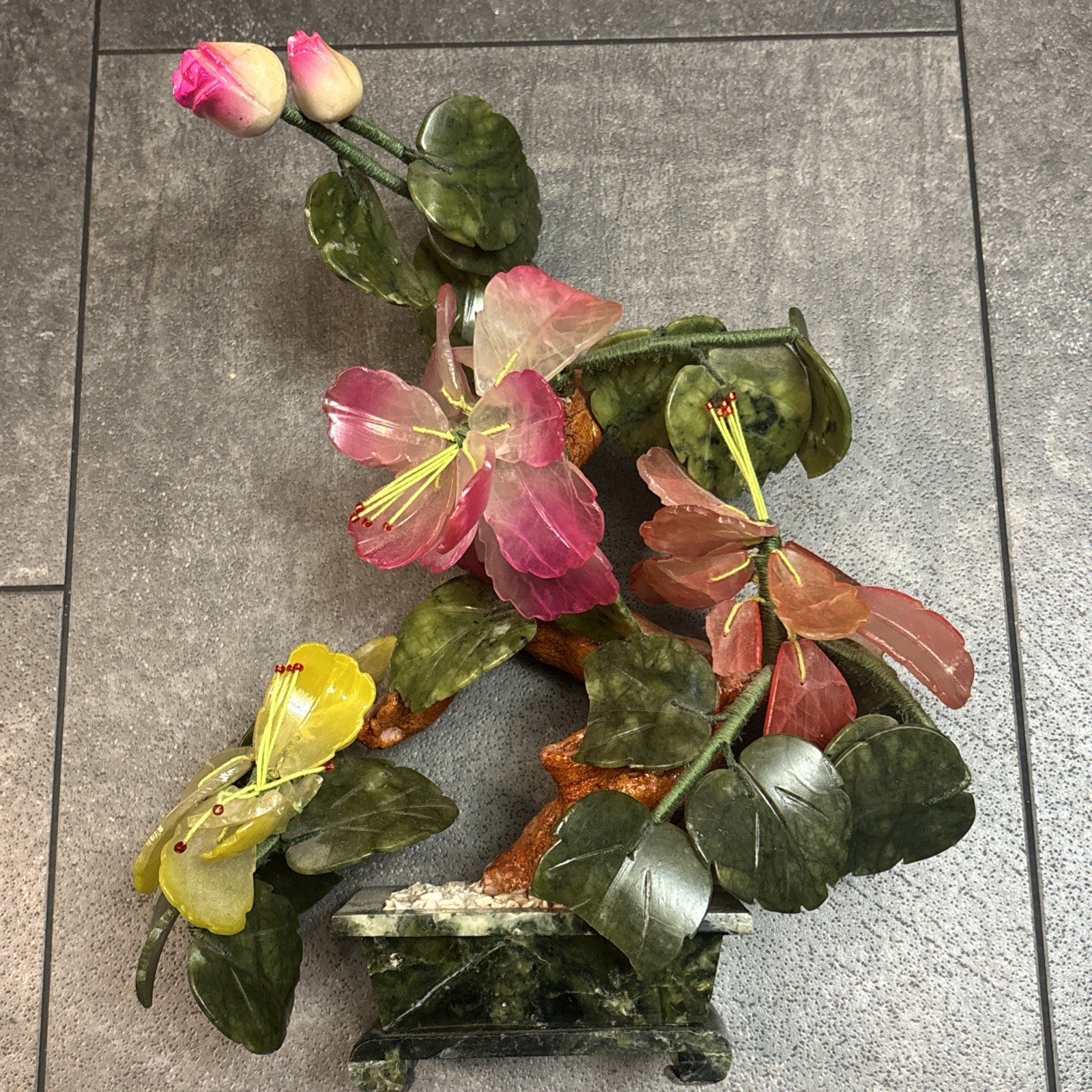 1 pc of handcrafted Jade and glass flower Bonsai small Peony Flower Basket