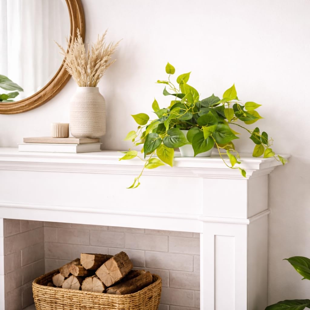 2 PCS Fake Pothos Hanging Plants Faux Ivy Vines Green With White Pots Decor
