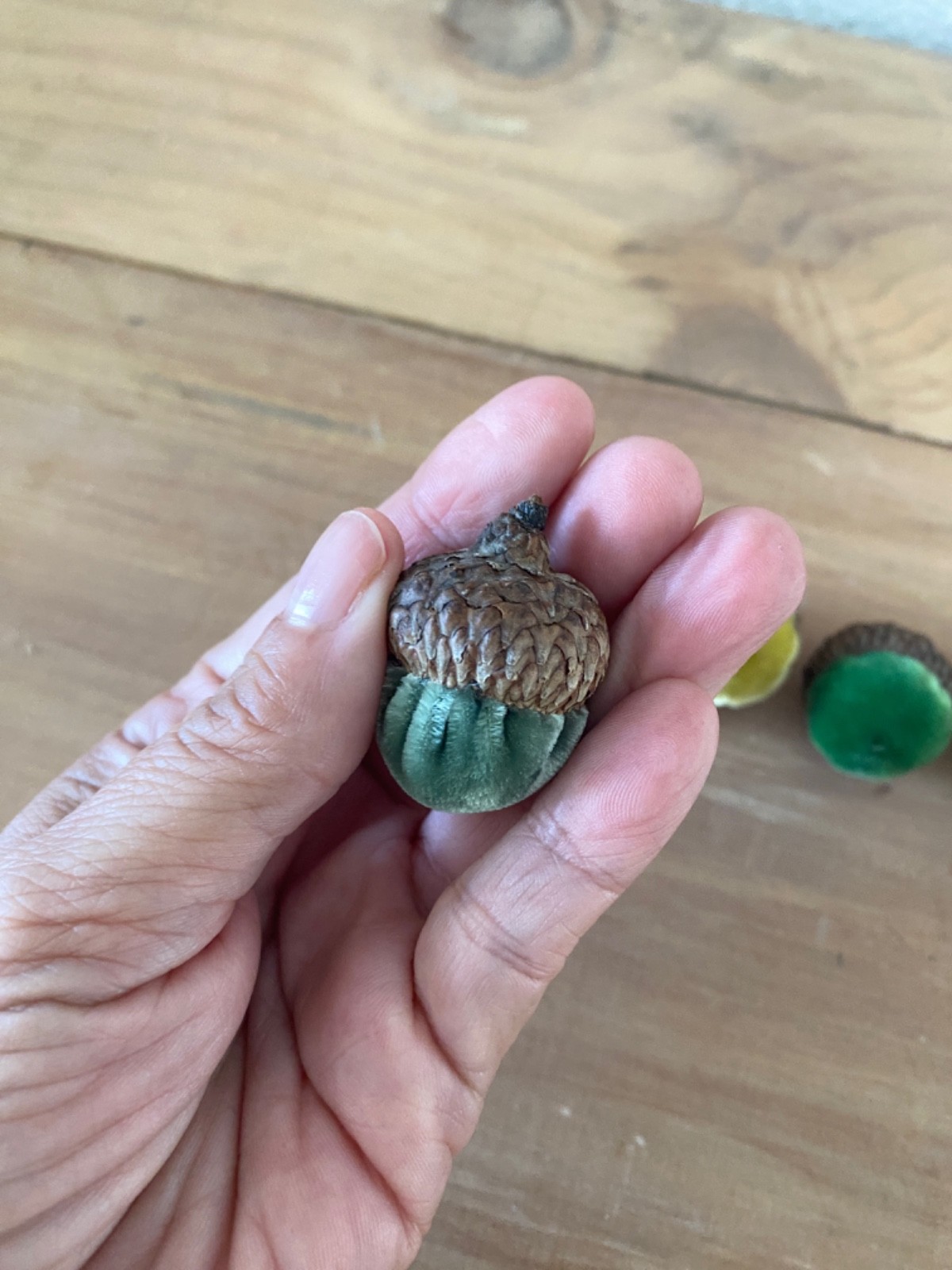 Set of 5 Handmade Velvet DECORATIVE ACORNS Shades of Green